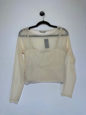 Abercrombie & Fitch Mesh Layered Top Cream Sheer Long Sleeve Crop Size M NWT